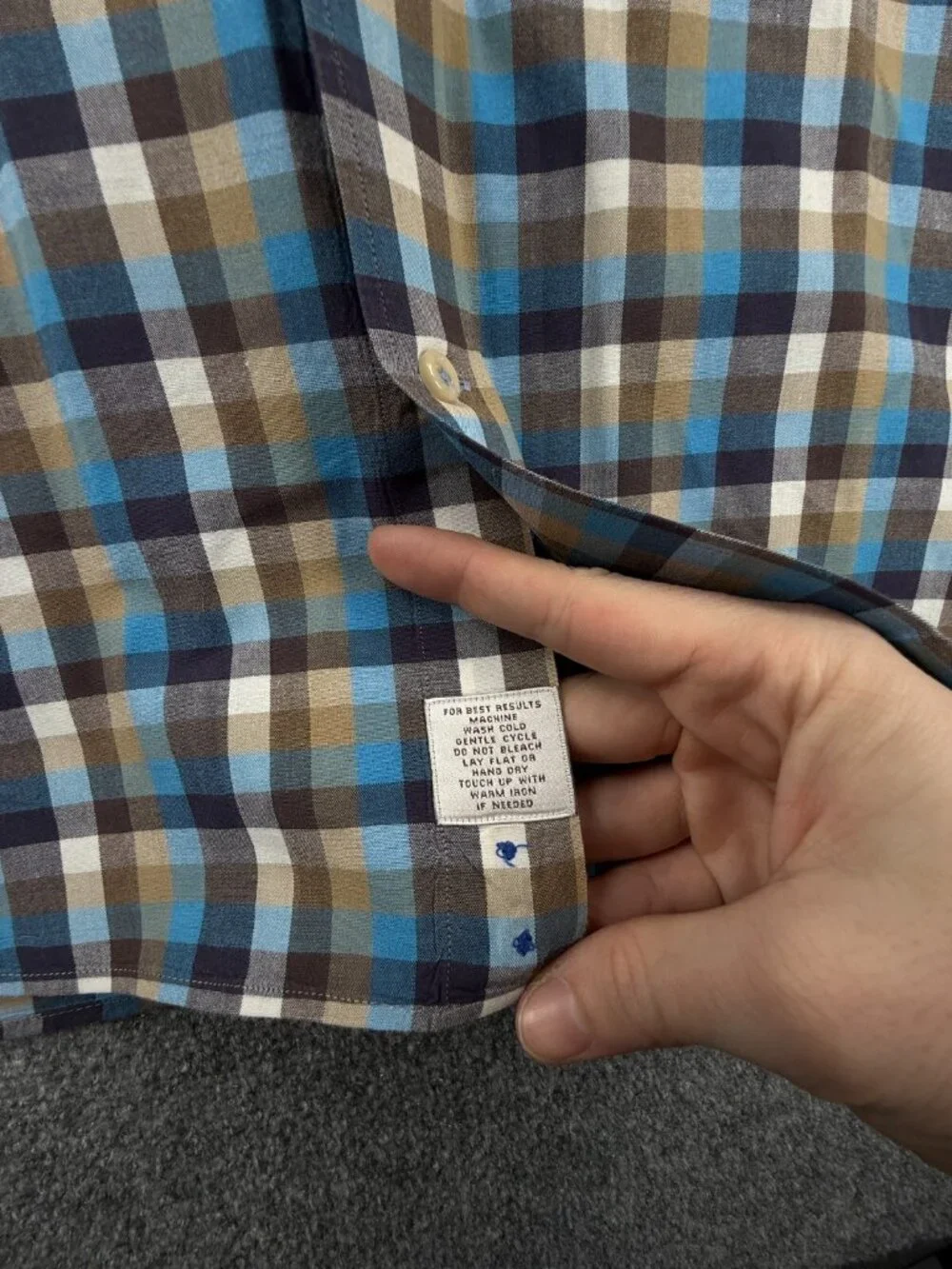 Peter Millar Blue Brown Check Button Up Shirt 2XL Cotton Long Sleeve Woven Adult
